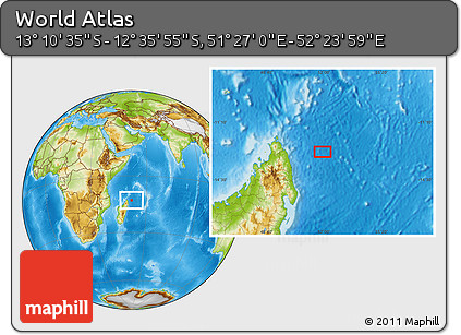 Physical Location Map of the Area around 12° 53' 15" S, 51° 55' 29" E