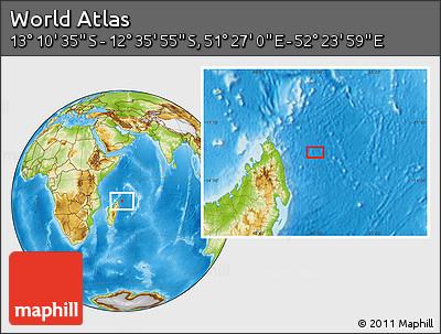 Physical Location Map of the Area around 12° 53' 15" S, 51° 55' 29" E