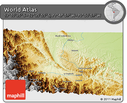 Physical 3D Map of the Area around 12° 53' 15" S, 71° 19' 29" W