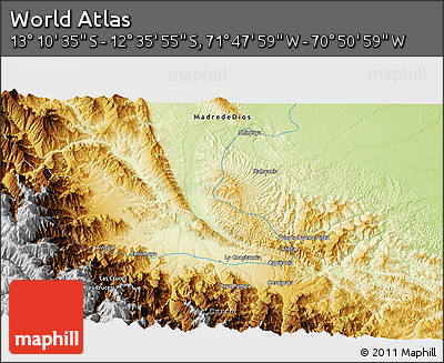 Physical 3D Map of the Area around 12° 53' 15" S, 71° 19' 29" W
