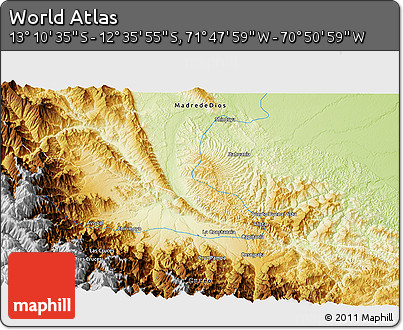 Physical 3D Map of the Area around 12° 53' 15" S, 71° 19' 29" W