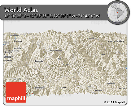 Shaded Relief 3D Map of the Area around 12° 53' 15" S, 72° 10' 30" W