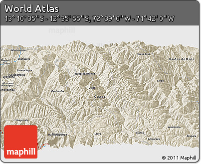 Shaded Relief 3D Map of the Area around 12° 53' 15" S, 72° 10' 30" W