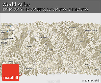 Shaded Relief 3D Map of the Area around 12° 53' 15" S, 72° 10' 30" W