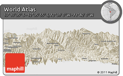 Shaded Relief Panoramic Map of the Area around 12° 53' 15" S, 72° 10' 30" W