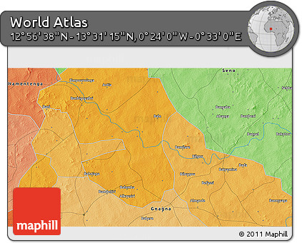 Political 3D Map of the Area around 13° 13' 56" N, 0° 4' 30" E