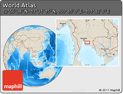 Shaded Relief Location Map of the Area around 13° 13' 56" N, 101° 13' 29" E