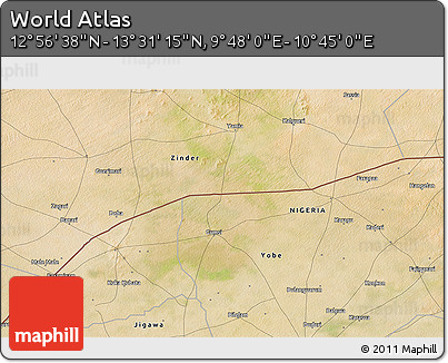 Satellite 3D Map of the Area around 13° 13' 56" N, 10° 16' 30" E