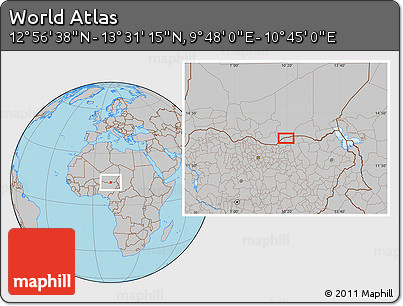 Gray Location Map of the Area around 13° 13' 56" N, 10° 16' 30" E