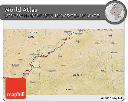 Satellite 3D Map of the Area around 13° 13' 56" N, 12° 49' 29" E
