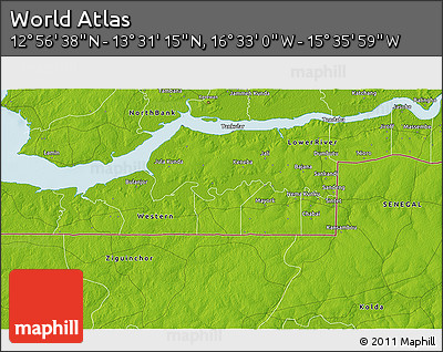 Physical 3D Map of the Area around 13° 13' 56" N, 16° 4' 29" W
