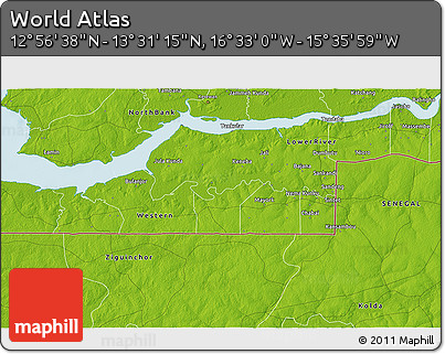 Physical 3D Map of the Area around 13° 13' 56" N, 16° 4' 29" W