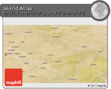 Satellite 3D Map of the Area around 13° 13' 56" N, 18° 46' 29" E