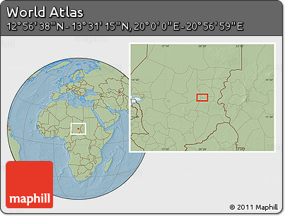 Savanna Style Location Map of the Area around 13° 13' 56" N, 20° 28' 30" E, hill shading