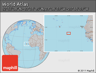 Gray Location Map of the Area around 13° 13' 56" N, 21° 10' 29" W