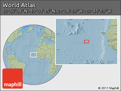 Savanna Style Location Map of the Area around 13° 13' 56" N, 21° 10' 29" W, hill shading