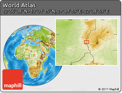 Physical Location Map of the Area around 13° 13' 56" N, 22° 10' 29" E