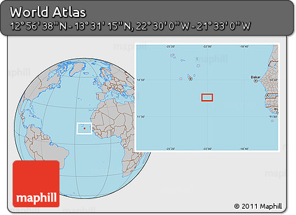 Gray Location Map of the Area around 13° 13' 56" N, 22° 1' 29" W