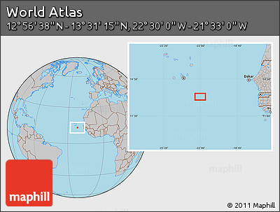 Gray Location Map of the Area around 13° 13' 56" N, 22° 1' 29" W
