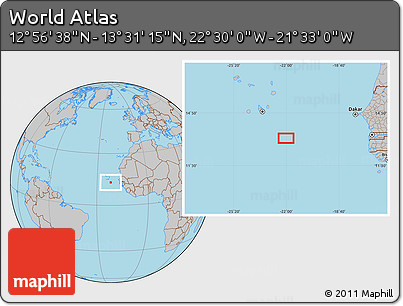 Gray Location Map of the Area around 13° 13' 56" N, 22° 1' 29" W