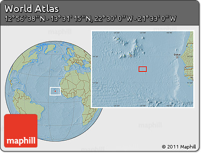 Savanna Style Location Map of the Area around 13° 13' 56" N, 22° 1' 29" W, hill shading