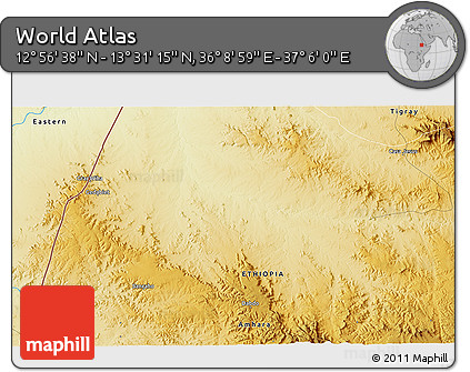 Physical 3D Map of the Area around 13° 13' 56" N, 36° 37' 30" E