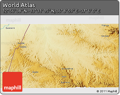Physical 3D Map of the Area around 13° 13' 56" N, 36° 37' 30" E