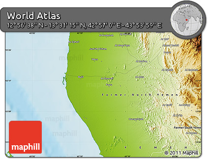 Physical Map of the Area around 13° 13' 56" N, 43° 25' 29" E