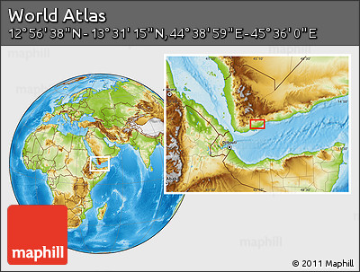 Physical Location Map of the Area around 13° 13' 56" N, 45° 7' 30" E
