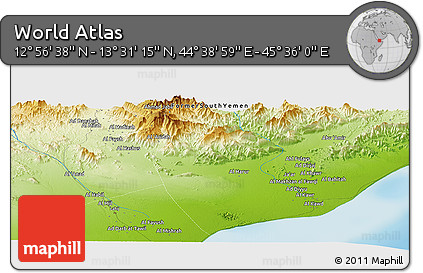 Physical Panoramic Map of the Area around 13° 13' 56" N, 45° 7' 30" E
