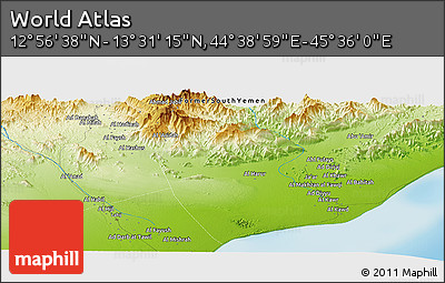 Physical Panoramic Map of the Area around 13° 13' 56" N, 45° 7' 30" E