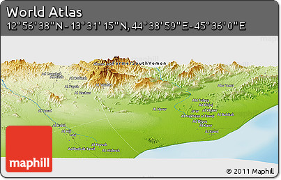 Physical Panoramic Map of the Area around 13° 13' 56" N, 45° 7' 30" E