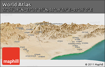 Satellite Panoramic Map of the Area around 13° 13' 56" N, 45° 7' 30" E