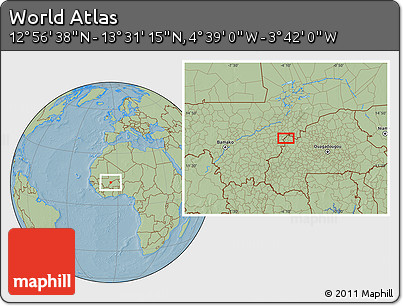Savanna Style Location Map of the Area around 13° 13' 56" N, 4° 10' 30" W, hill shading