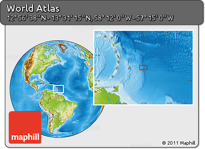 Physical Location Map of the Area around 13° 13' 56" N, 57° 43' 30" W