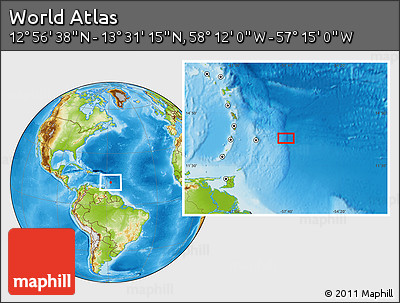 Physical Location Map of the Area around 13° 13' 56" N, 57° 43' 30" W
