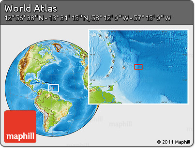 Physical Location Map of the Area around 13° 13' 56" N, 57° 43' 30" W