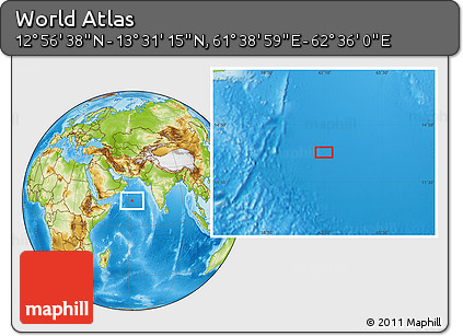 Physical Location Map of the Area around 13° 13' 56" N, 62° 7' 30" E