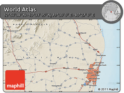 Shaded Relief Map of the Area around 13° 13' 56" N, 79° 58' 29" E