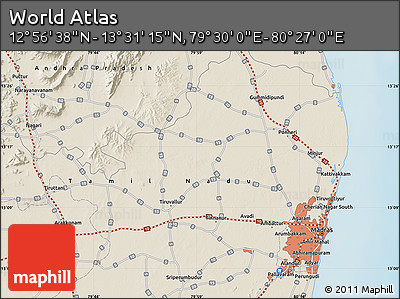 Shaded Relief Map of the Area around 13° 13' 56" N, 79° 58' 29" E