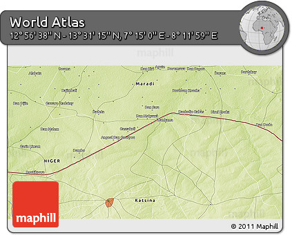 Physical 3D Map of the Area around 13° 13' 56" N, 7° 43' 29" E