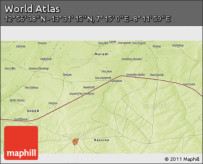 Physical 3D Map of the Area around 13° 13' 56" N, 7° 43' 29" E