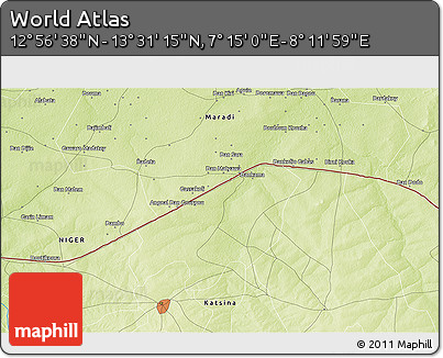 Physical 3D Map of the Area around 13° 13' 56" N, 7° 43' 29" E