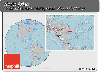 Gray Location Map of the Area around 13° 13' 56" N, 83° 13' 29" W, hill shading