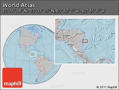 Gray Location Map of the Area around 13° 13' 56" N, 83° 13' 29" W, hill shading