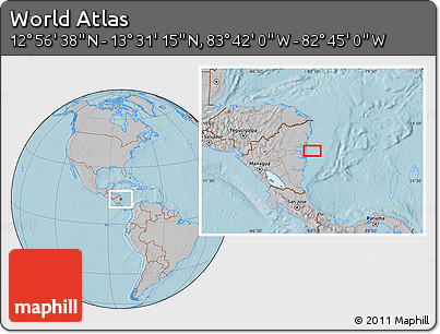 Gray Location Map of the Area around 13° 13' 56" N, 83° 13' 29" W, hill shading