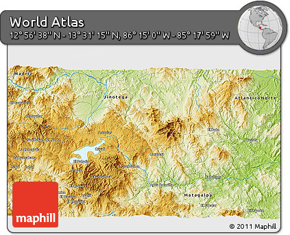 Physical 3D Map of the Area around 13° 13' 56" N, 85° 46' 30" W