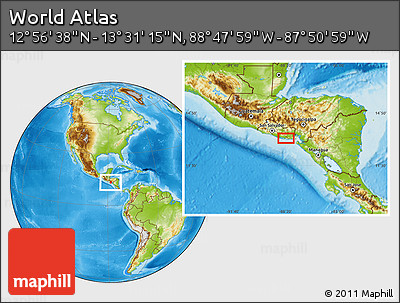 Physical Location Map of the Area around 13° 13' 56" N, 88° 19' 29" W