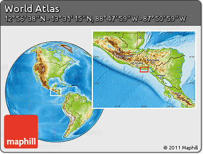 Physical Location Map of the Area around 13° 13' 56" N, 88° 19' 29" W