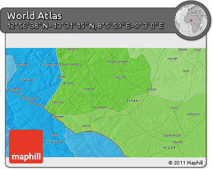 Political 3D Map of the Area around 13° 13' 56" N, 8° 34' 29" E